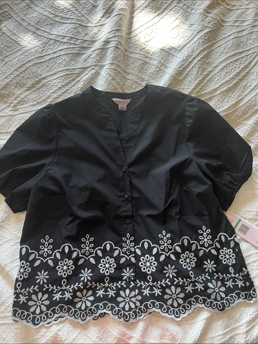 Nanette Lepore Black Short-Sleeve Button Blouse with White Floral Embroidery